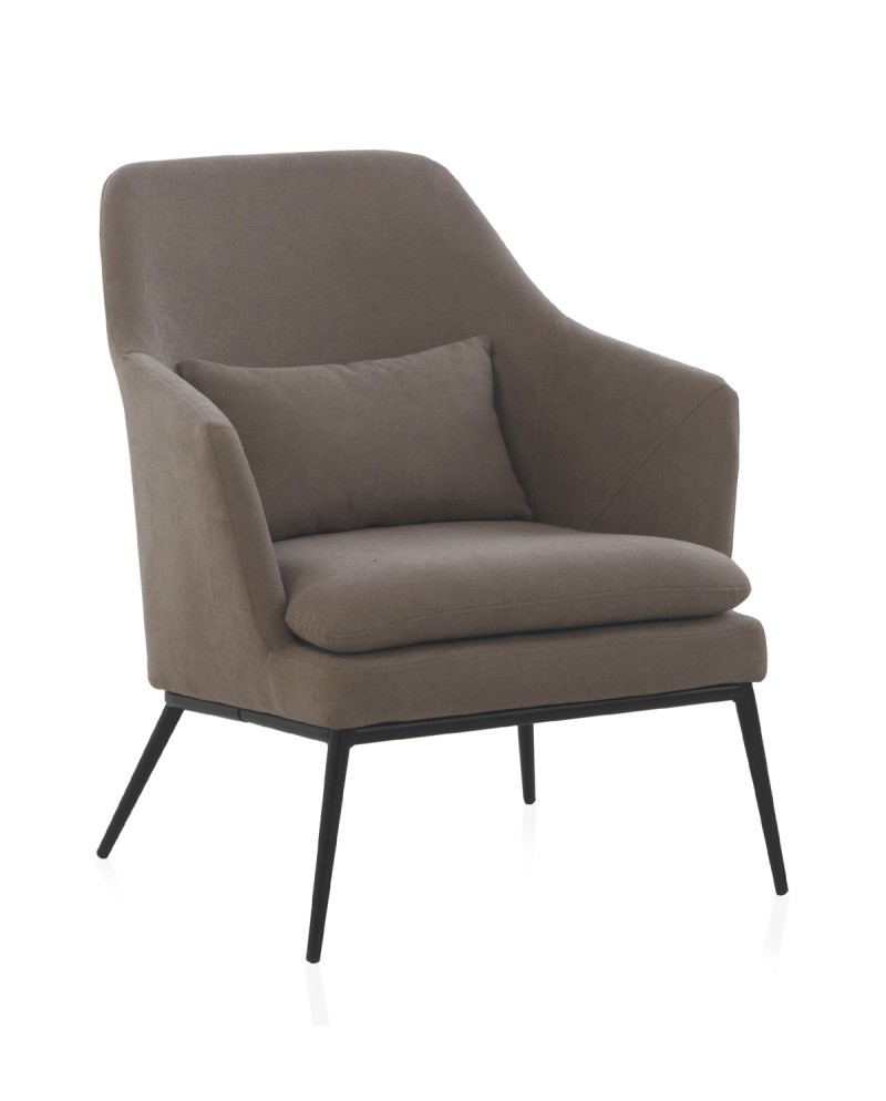 fauteuil tapissé taupe avec coussin, pieds en métal noir