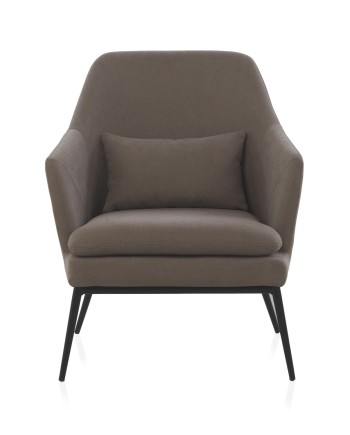 sillón tapizado color taupe con cojín  patas metálicas negras