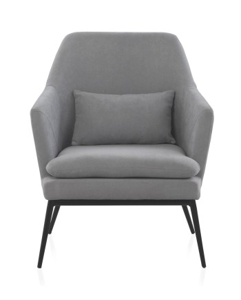 fauteuil tapissé gris perle avec coussin, pieds en métal noir