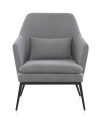 sillón tapizado color gris perla con cojín  patas metálicas negras