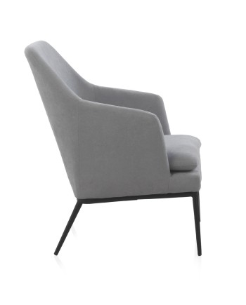 sillón tapizado color gris perla con cojín  patas metálicas negras