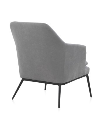 fauteuil tapissé gris perle avec coussin, pieds en métal noir