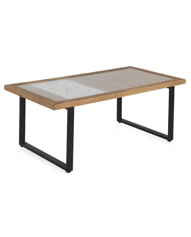 mesa centro madera y hierro con cristal