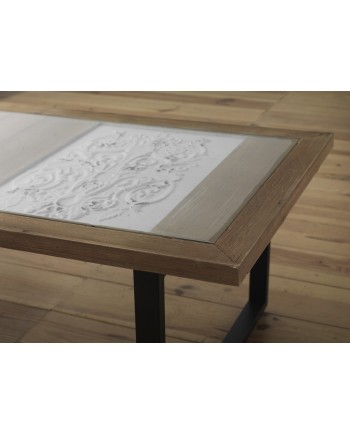 mesa centro madera y hierro con cristal