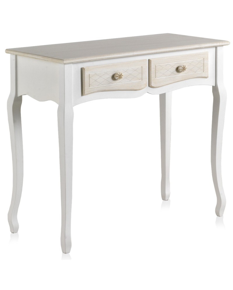 consola madera blanco 2 cajones frontis crema