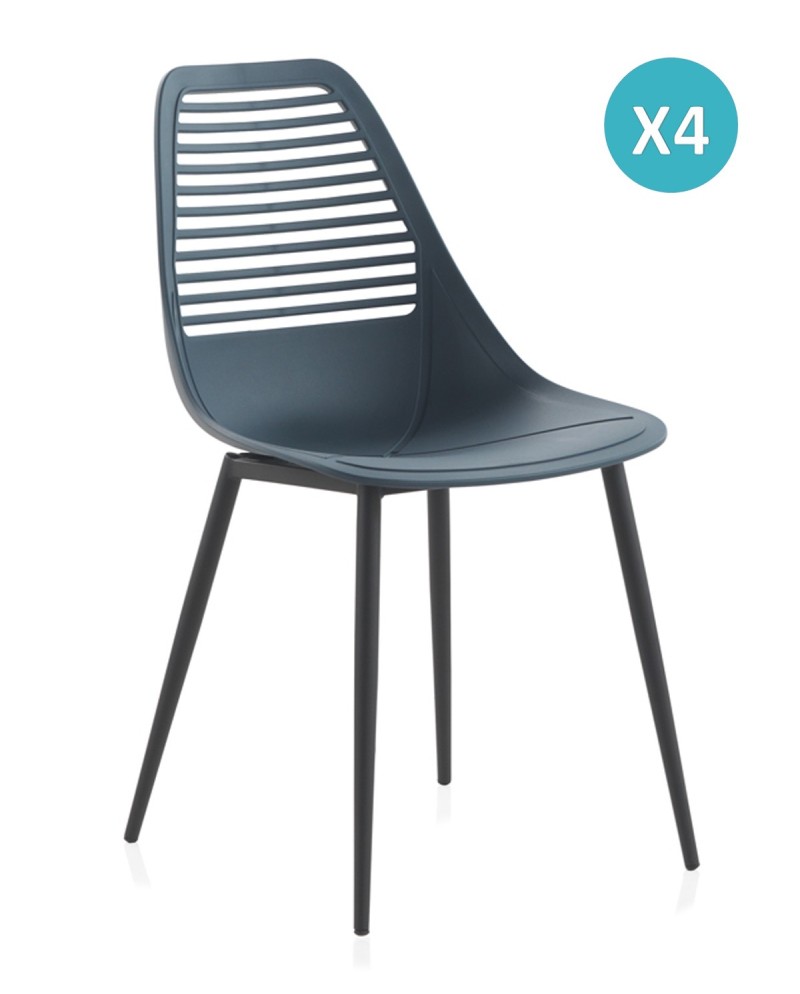 set 4 sillas pp azul con patas metálicas