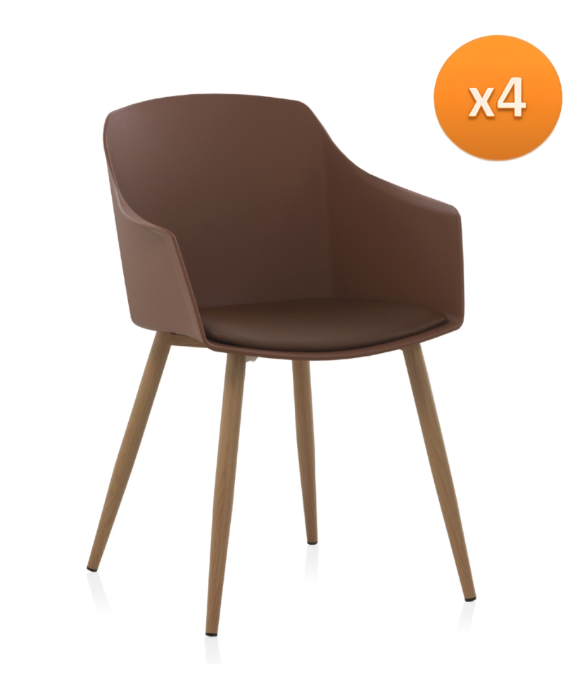 set de 4 fauteuils pp marron avec coussin et pieds en métal