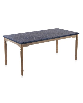 mesa madeira com tampo imitação cerâmica azul 180x90