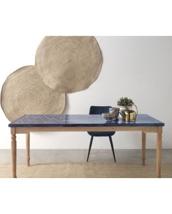 mesa madeira com tampo imitação cerâmica azul 180x90