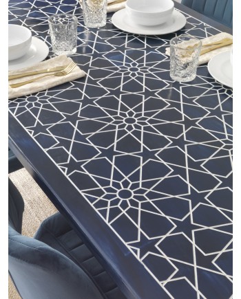 mesa madeira com tampo imitação cerâmica azul 180x90
