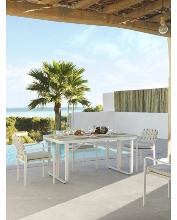 table en aluminium blanc plateau verre 150x90 cm