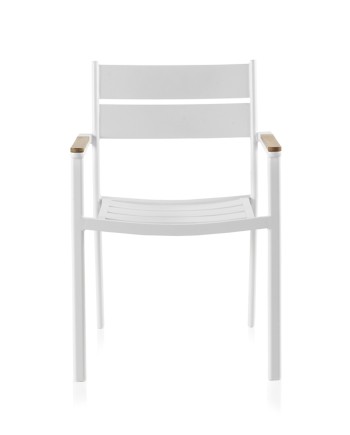 fauteuil en aluminium blanc avec du bois de teck sur l'accoudoir