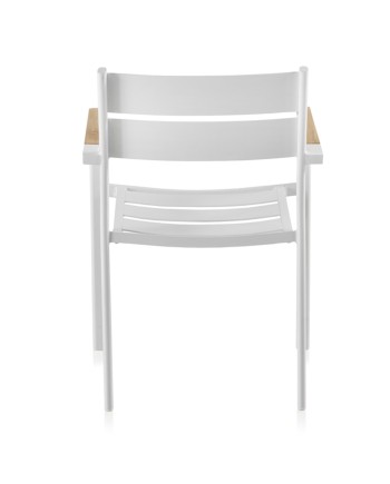 fauteuil en aluminium blanc avec du bois de teck sur l'accoudoir
