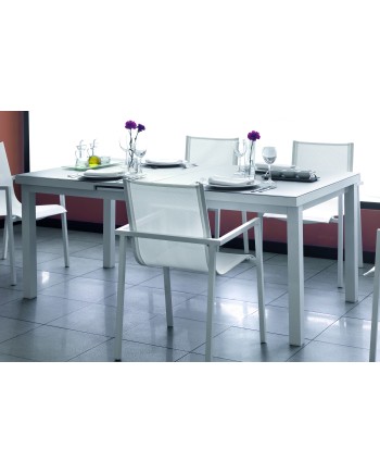 table extensible aluminium blanc avec plateau verre 180/240x100cm