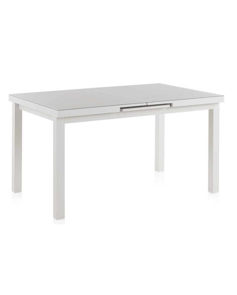 table extensible aluminium blanc avec plateau verre 140/180x100cm