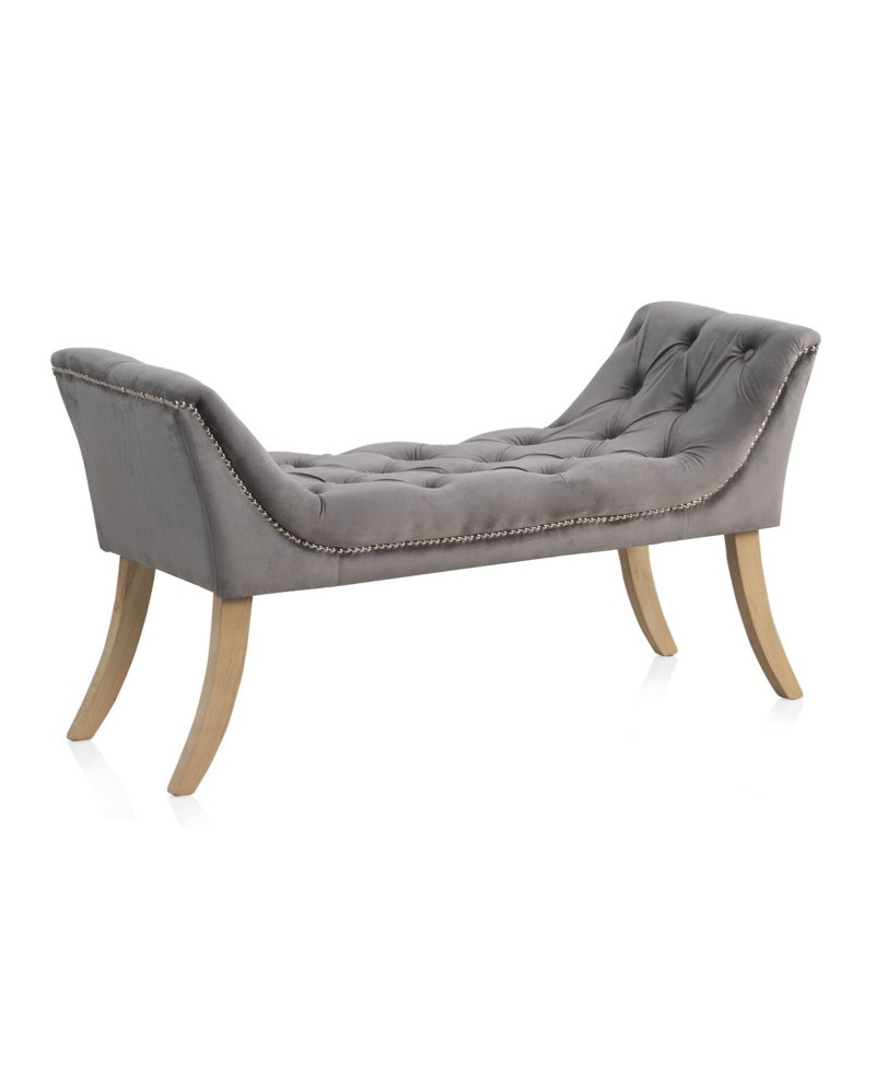 banqueta tapizada terciopelo gris con patas madera natural