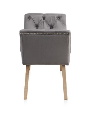 banqueta tapizada terciopelo gris con patas madera natural
