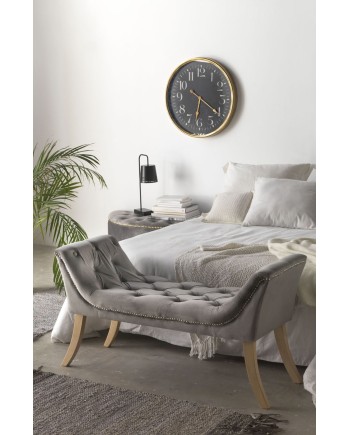 banqueta tapizada terciopelo gris con patas madera natural