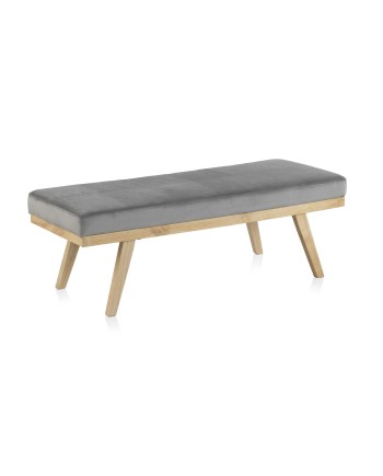 banqueta tapizada terciopelo gris con patas madera
