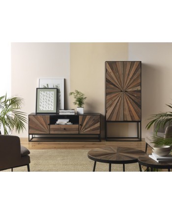meuble TV bois laminé 2 portes 1 tiroir avec pied metal
